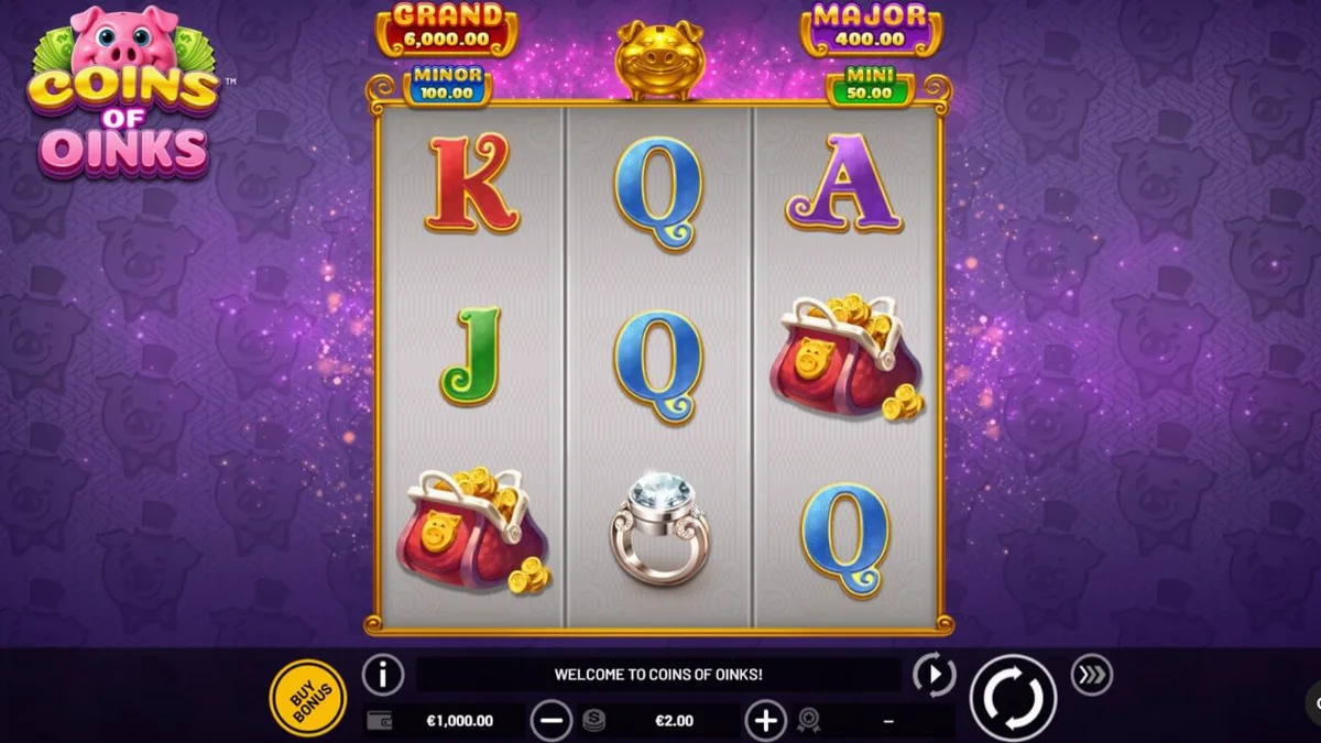 Tampilan visual slot Coins of Oinks dengan tema babi mewah dan emas