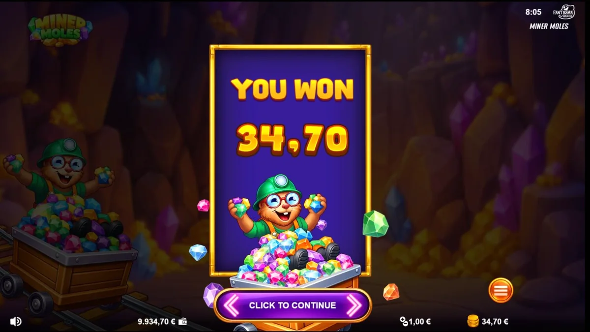 Tampilan visual slot Miner Moles dengan tema pertambangan kartun
